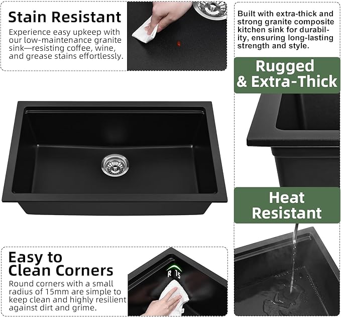 Davivy 30 Inch Black Granite Sink Workstation, 30 x 18 Black Undermount/Drop In Kitchen Sink, Deep Quartz Composite Single Bowl with Accessories