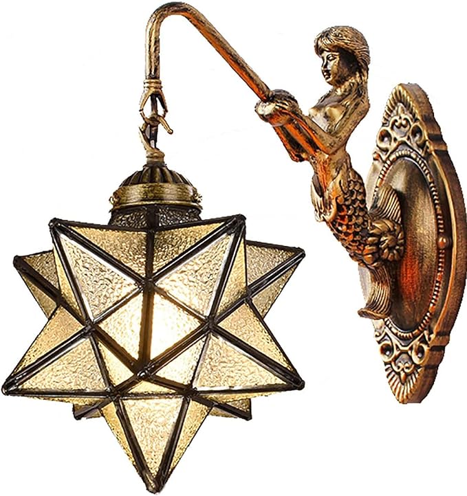 Moravian Star Wall Light with Tiffany Stained Glass Cover, Vintage Rustic Industrial Wall Sconce Retro Wall Mount Lamps Fixture 1-Light,Clear