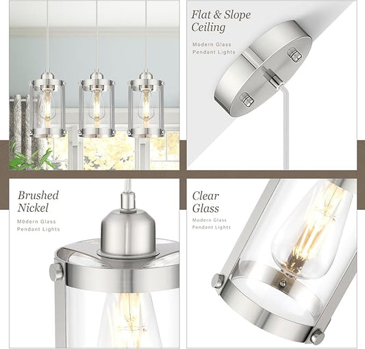 Brushed Nickel Pendant Lights Kitchen Island 3 Pack, Modern Kitchen Pendant Lighting Over Island with Clear Glass, Farmhouse Mini Hanging Light for Sink Dining Room, OS-3014-3PBNC