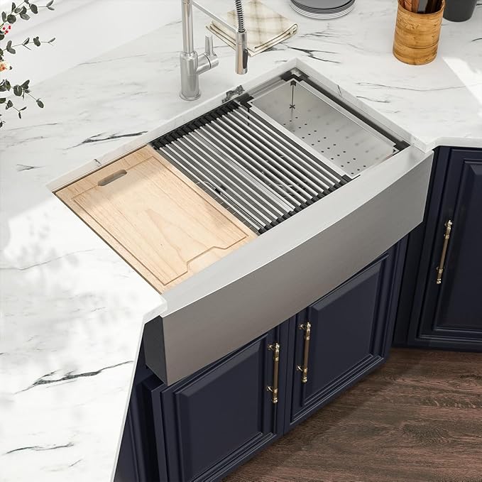 33 Farmhouse Sink Double Bowl - Kichae 33 Inch Apron Front Stainless Steel Double Bowl Low Divided 60/40 Ledge Workstation Handmade Farm Kitchen Sink