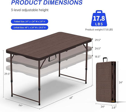 Set of 2 Folding Table 4 Foot for Indoor Outdoor, Portable Heavy Duty Fold-in-Half Utility Small Plastic Adjustable Height Folding with Carrying Handle for Picnic and Party, 2 Pack Brown
