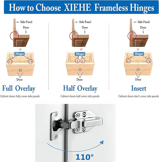 XIEHE Hardware 110 Degree Clip-on Soft Closing Inset Frameless Hinges 4 Pack, for Kitchen Cabinets Door Brushed Nickel 3D Flush Mount European Hinge with Screws