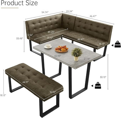 HIPIHOM 3-Piece Corner Dining Table Set with Bench, 70 Inch Space-Saving Breakfast Nook for Kitchen & Dining Room(Grey Table+Right Seat Brown Bench)