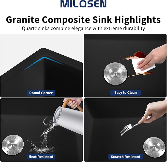 MILOSEN Black Kitchen Sink 31×18×9 Inch, Undermount/Drop In Granite Composite Quartz Single Bowl Sink, Large Deep Undermount Kitchen Sinks with Custom Accessories
