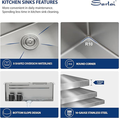 Sarlai Waterfall Kitchen Sink Drop In - 33 Inch Waterfall Drop Workstation 33 x 19 Inch Stainless Steel 16 Gauge Multifunction Single Bowl Smart Top Mount Kitchen Sink with Faucet Combo