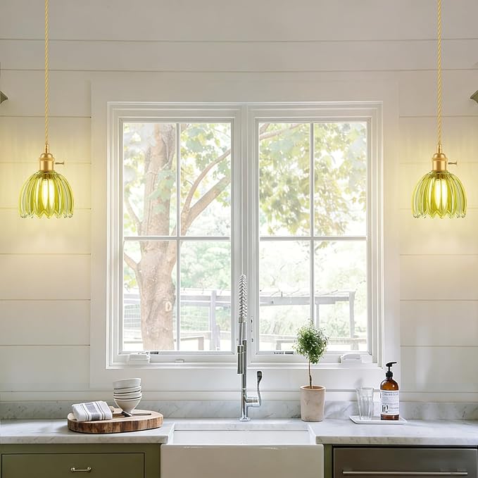 Ralbay 3 Pack Pendant Lights with Green Tulip Glass Lampshade, Mini Pendant Light Fixture with Switch, Adjustable Vintage Brass Hanging Light for Kitchen Island Bedroom Dining Room Hallway