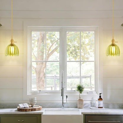 Ralbay 3 Pack Pendant Lights with Green Tulip Glass Lampshade, Mini Pendant Light Fixture with Switch, Adjustable Vintage Brass Hanging Light for Kitchen Island Bedroom Dining Room Hallway