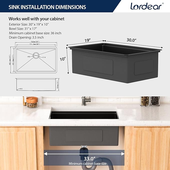 Lordear Matte Black 30 Undermount Kitchen Sink Ledge Workstation T304 16 Gauge Stainless Steel Single Bowl Under Counter Kitchen Sink Basin with Built-in Accessories 30x19x10 Inch