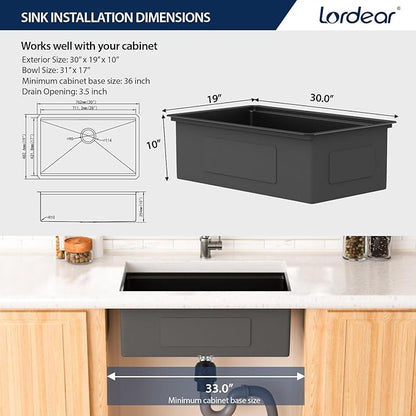Lordear Matte Black 30 Undermount Kitchen Sink Ledge Workstation T304 16 Gauge Stainless Steel Single Bowl Under Counter Kitchen Sink Basin with Built-in Accessories 30x19x10 Inch