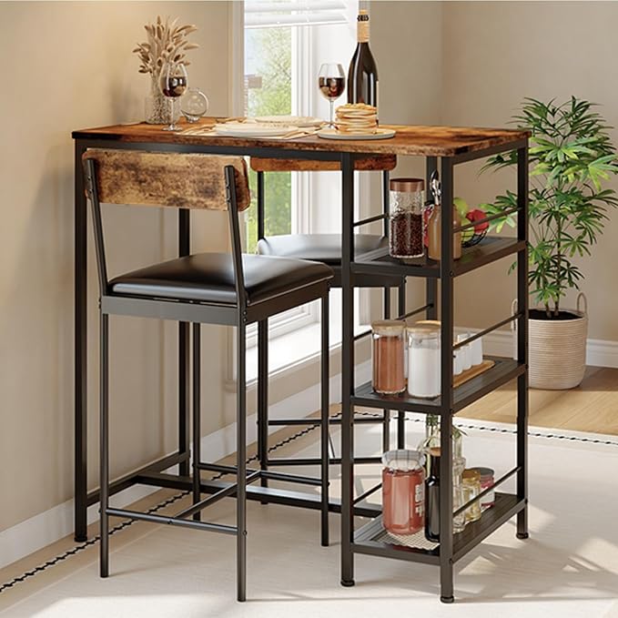 3-Piece Modern Dining Set, Dining Table Set with 2 Upholstered Bar Stools,Bar Table Set w/ Metal Frame&Built-in Wine Rack for Kitchen Dining Room Apartment Breakfast Nook 36"Lx 16.7"W x 37.2"H Retro