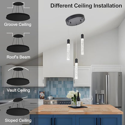 3 Light Pendant Lights Kitchen Island,Modern LED Bubble Crystal Pendants with Dimmable 3000K-6000K Ceiling Hanging Light Fixture for Dining Room Bedroom,Matte Black Finish,Adjustable Height 59"