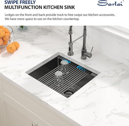 Sarlai 21 Black Undermount Sink - 21" x 19" Bar Sink Ledge Workstation Gunmetal Black Stainless Steel 16 Gauge Single Bowl Under Counter Bar Prep RV Camper Kitchen Sinks Basin with Accessories