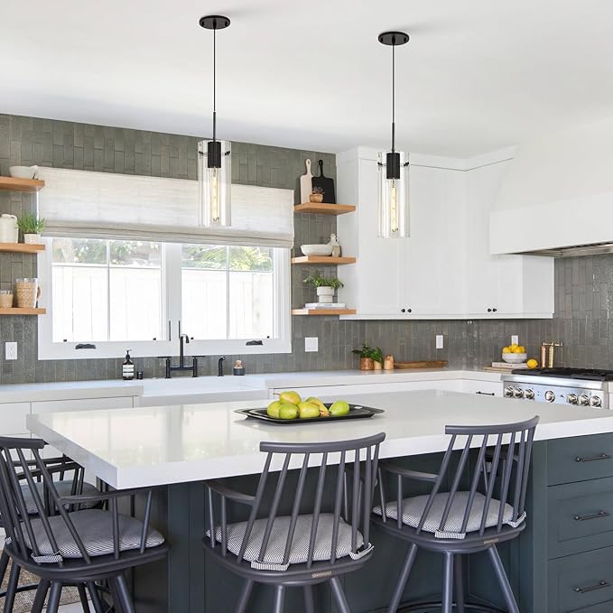 Glass Black Pendant Light, 2 Pack Modern Kitchen Island Pendant Lighting with Ribbed Glass, Adjustable Cord Pendant Light for Over Island, Dining Room, Bathroom Bedroom