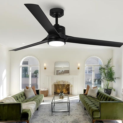 Ceiling Fans with Lights and Remote, 60 Inch Black Low Profile Ceiling Fan with Light, Modern Outdoor Ceiling Fan for Bedroom Living Room Patio, Fandelier Chandelier Style, Quiet DC Motor, 3CCT LED