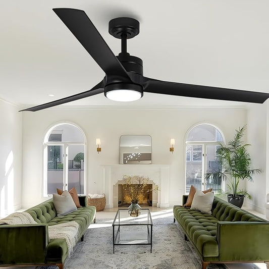 Ceiling Fans with Lights and Remote, 60 Inch Black Low Profile Ceiling Fan with Light, Modern Outdoor Ceiling Fan for Bedroom Living Room Patio, Fandelier Chandelier Style, Quiet DC Motor, 3CCT LED