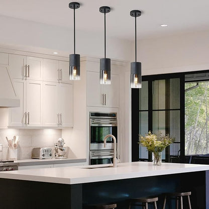 Pendant Light Fixtures, Adjustable Modern Pendant Lights for Kitchen Island, Industrial Glass Pendant Lights for Dining Table Hallway Bedroom Living Room Black 2 Packs