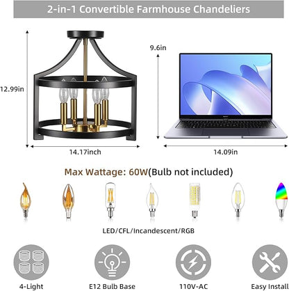 Farmhouse Dining Room Light Fixture,4 Lights Kitchen Chandeliers Over Table Modern Black&Gold Hanging Pendant Lamp Convertible Semi Flush Mount Ceiling Light for Entryway Foyer Island Hallway
