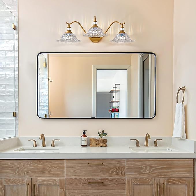 Vintage Bathroom Vanity Light Fixtures - 3 Light Iridescent Flower Glass Antique Brass Bathroom Lights Fixture Over Mirror,Retro Brushed Gold Bronze Wall-Mounted Vanity Lighting for Powder Room