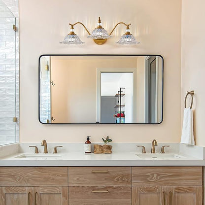 Vintage Bathroom Vanity Light Fixtures - 3 Light Iridescent Flower Glass Antique Brass Bathroom Lights Fixture Over Mirror,Retro Brushed Gold Bronze Wall-Mounted Vanity Lighting for Powder Room