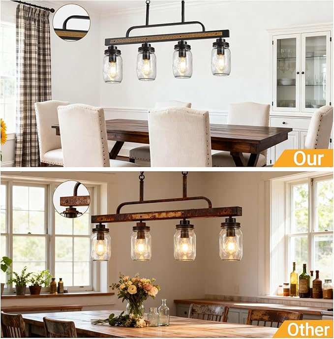 4-Light Farmhouse Dining Room Chandelier, Black Mason Jar Chandelier Lighting Fixture for Kitchen Island, Dining Room, Rustic Linear Cluster Hanging Pendant Light, Faux Wood with Glass Shade