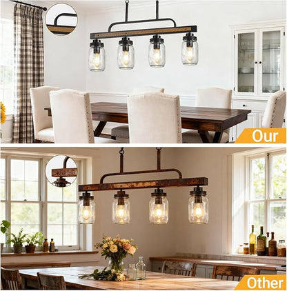 4-Light Farmhouse Dining Room Chandelier, Black Mason Jar Chandelier Lighting Fixture for Kitchen Island, Dining Room, Rustic Linear Cluster Hanging Pendant Light, Faux Wood with Glass Shade