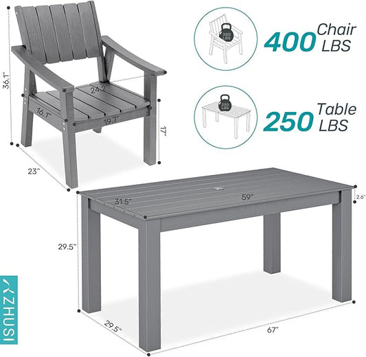 ZHUSI Patio Table and Chairs Set,HDPE Outdoor Dining Set with Umbrella Hole for Backyard, Poolside, Porch,All Weather,Grey