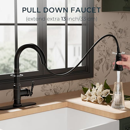 FORIOUS Vintage Kitchen Faucets with Pull Down Sprayer, Oil Rubbed Bronze, High Arc Single Handle Stainless Steel Antique Pull Out Sink Faucet for Farmhouse Camper Rv Bar, Fit for 1 or 3 Hole