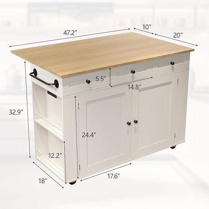 GarveeHome Rolling Kitchen Island with Drop Leaf Countertop, Charging Station & Ample Storage - 47.2 in Mobile Kitchen Cart On Wheels with Pull-Out Shelves, Drawers, Spice Rack & Organizer Divider