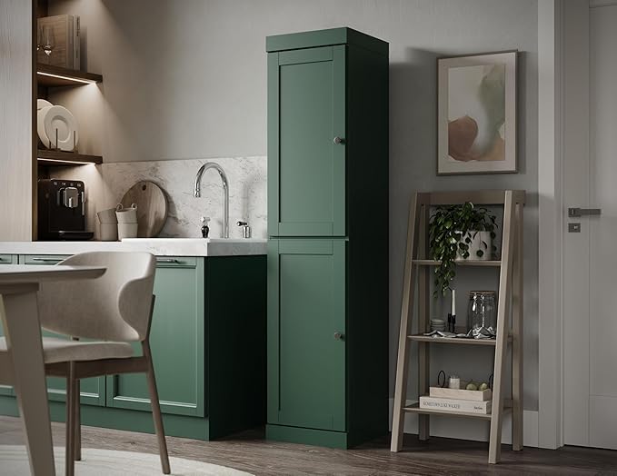 Palace Imports Solid Wood Kitchen Pantry - Narrow Storage Cabinet - Shaker Doors, Adjustable Shelves, Green, 16.5" Wide x 71.5" Tall, 100% Eco-Friendly Wood, Modular Pantry Cabinet Systems