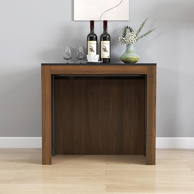 Modern Extendable Dining Table for 4-6 People with Outlet, Multifunctional Foldable Dinner Kitchen Table with Storage, Walnut+Black