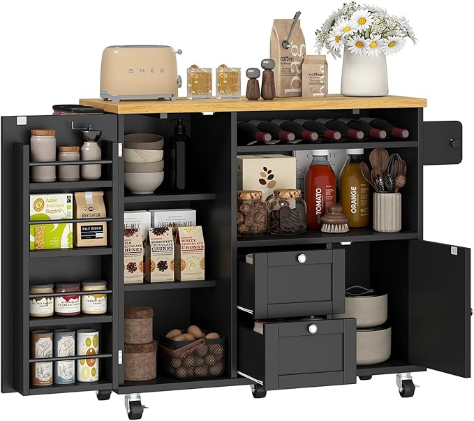 Rolling Kitchen Island with Storage Cabinet, 41.3'' Width Kitchen Cart with Desktop Drop Leaf Countertop, Portable Mobile Island with Towel Rack, Spice Rack Shelf and Lockable Wheels, Black