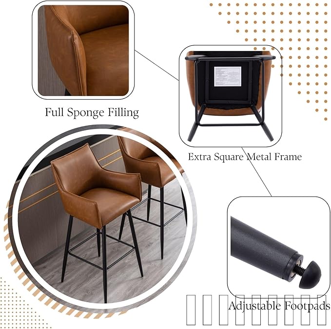 Brown Leather Counter Stools Set o f 4, Mid Century Modern Upholstered Kitchen Chairs with Arms and Black Metal Legs 26” Height Stools with Back for Dining Room Home Pub Faux Leather in Brown