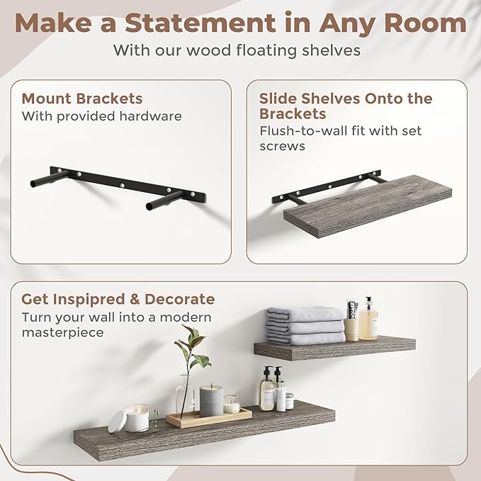 30 Inch Floating Shelves for Wall Set of 2, 8"D Wood Grain Bathroom Shelves with Invisible Brackets, Easy Install Engineered Wood Storage Shelves for Kitchen, Living Room, Bedroom, Grey Oak Finish