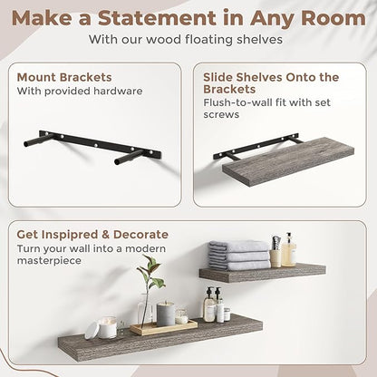 16 Inch Floating Shelves for Wall Set of 2, 8"D Wood Grain Bathroom Shelves with Invisible Brackets, Easy Install Engineered Wood Storage Shelves for Kitchen, Living Room, Bedroom, Grey Oak Finish