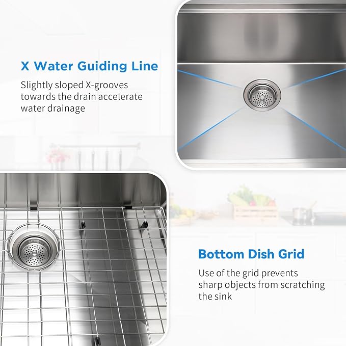 SANYCASA 30 Inch Undermount Kitchen Sink Superior Drain Kitchen Sinks 11 Gauge (3mm) Stainless Steel, Single Bowl Integrated Ledge Multifunctional Workstation Set -