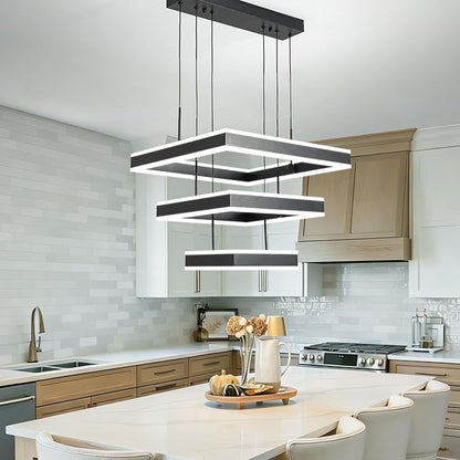 O'NEELDY LED Pendant Light Fixture, 20.47'' Modern Chandelier Square Rings Adjustable Height Black Pendant Lighting 3 Lights Kitchen Island Chandeliers for Dining Room, 6000K