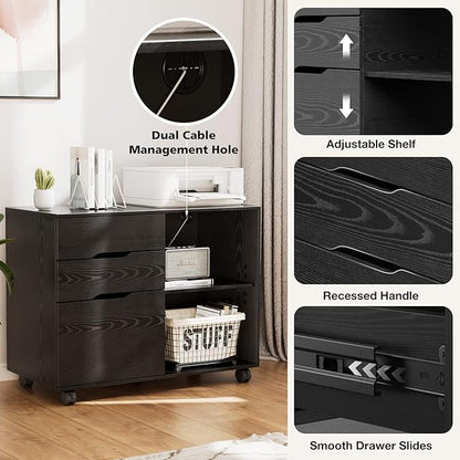 File Cabinet with 3 Drawers, Mobile Lateral Filing Cabinet with Open Storage Shelves for Home Office Under Desk Storage, Black