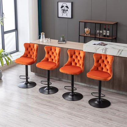 KEIKI Swivel Velvet Barstools，Upholstered Chairs Set of 2, Adjusatble Seat Height from 25-33 Inch for Home Pub, Kitchen Island, Orange