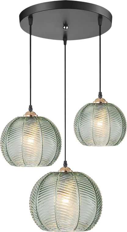 3-Light Cluster Pendant Lighting, Mid Century Modern Chandelier with Hand Blown Green Glass, Adjustable Kitchen Island Hanging Light for Dining Room, Bedroom, Living Room