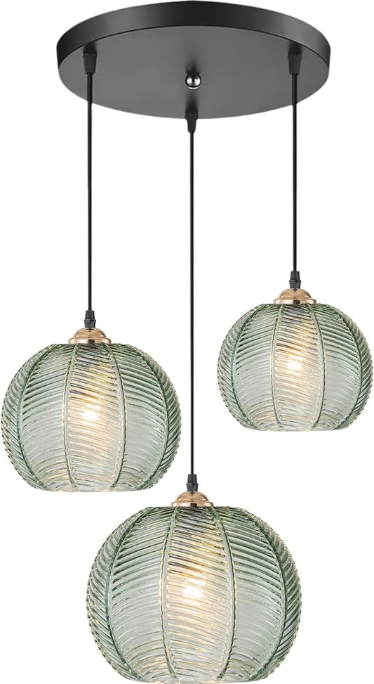 3-Light Cluster Pendant Lighting, Mid Century Modern Chandelier with Hand Blown Green Glass, Adjustable Kitchen Island Hanging Light for Dining Room, Bedroom, Living Room