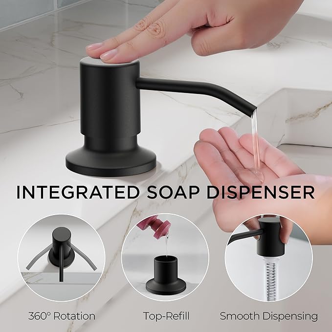 FORIOUS Black Kitchen Faucet with Pull Down Sprayer, Modern Single Hole Kitchen Sink Faucet with Soap Dispenser, Deck Plate, Single Handle, High Arc Stainless Steel for RV Farmhouse Laundry Outdoor