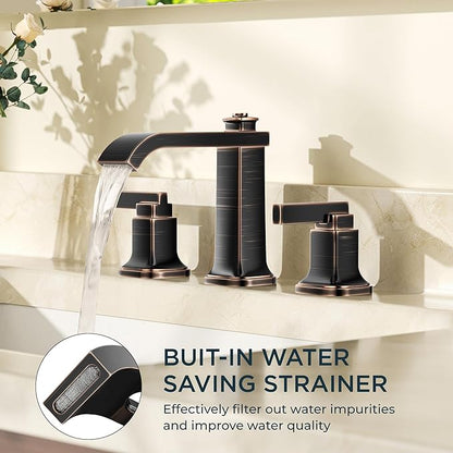 FORIOUS 3 Hole Oil Rubbed Bronze Bathroom Faucet,8 Inch Widespread Bathroom Vanity Faucets with Metal Pop Up Drain, Unique Waterfall Design