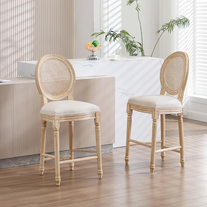 French Country Upholstered Bar Stools Set of Two, Natural Rattan Round Backrest, Solid Wood Frame with Carving and Wire Drawing Techniques, Vintage Dining Chairs for Kitchen Island (Beige A)