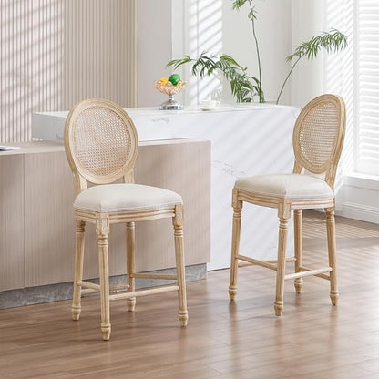 French Country Upholstered Bar Stools Set of Two, Natural Rattan Round Backrest, Solid Wood Frame with Carving and Wire Drawing Techniques, Vintage Dining Chairs for Kitchen Island (Beige A)