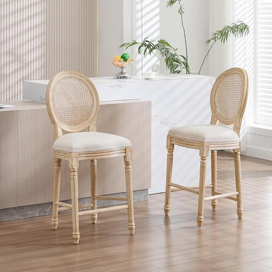 French Country Upholstered Bar Stools Set of Two, Natural Rattan Round Backrest, Solid Wood Frame with Carving and Wire Drawing Techniques, Vintage Dining Chairs for Kitchen Island (Beige A)