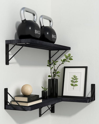 BAYKA Wall Mounted Floating Shelves, Wood Floating Wall Shelf for Books & Decor, Small Space-Saving Display & Organizer（Black，Set of 3）