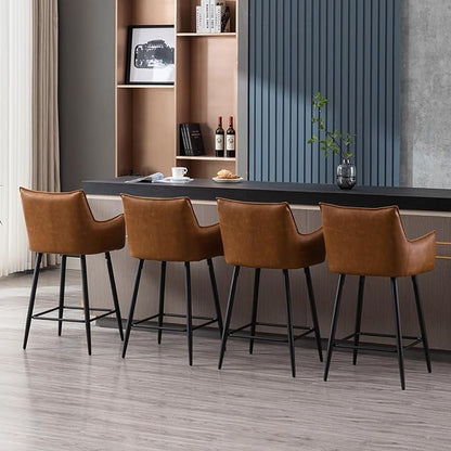 Brown Leather Counter Stools Set o f 6, Mid Century Modern Upholstered Kitchen Chairs with Arms and Black Metal Legs 26” Height Stools with Back for Dining Room Home Pub Faux Leather in Brown