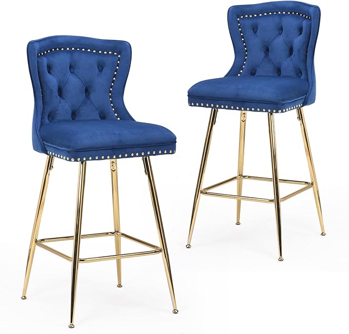 Bar Stools Set of 2, Velvet Counter Height Bar Stools with Metal Legs, Button Tufted and Nailheads Trim, Wing Back Bar Chairs for Kitchen Island Dining Room Pub, Blue
