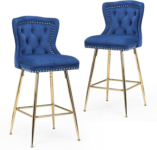Bar Stools Set of 2, Velvet Counter Height Bar Stools with Metal Legs, Button Tufted and Nailheads Trim, Wing Back Bar Chairs for Kitchen Island Dining Room Pub, Blue