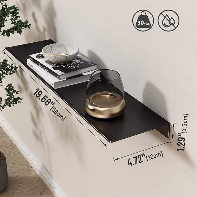 Danpoo Metal Wall Shelf, Black Floating Shelf, 20" Display Shelves for Wall Storage, Long Bathroom Shelf Wall Mounted